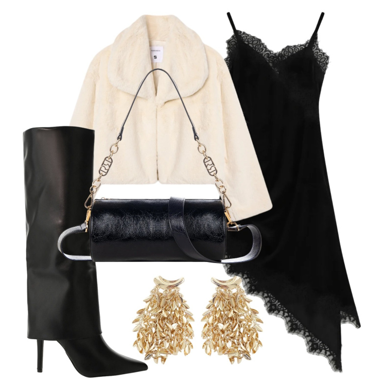 Outfit donna - Aggressivamente romantica. Stile Sexy per Serata fuori. Abbinamento con stivali, vestiti asimmetrici, orecchini, ecopellicce, borse a mano.