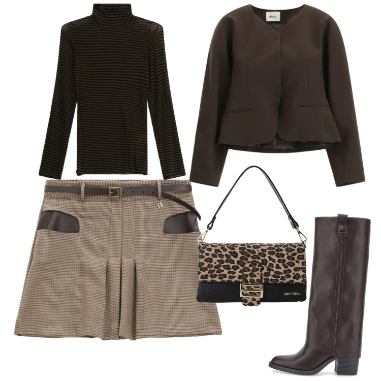 Outfit donna - City. Stile Trendy per Tutti i giorni. Abbinamento con borse a spalla, minigonne, blazer, t-shirt, stivali sopra il ginocchio.