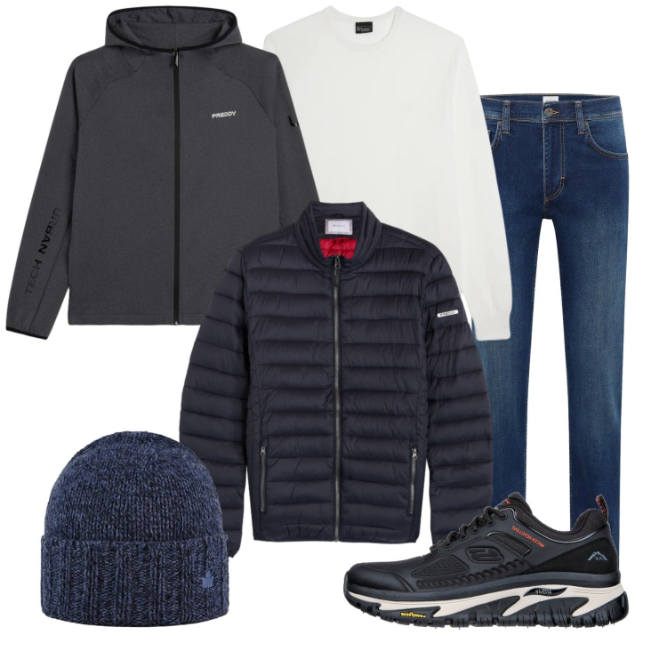 Outfit uomo - Blu, grigio, bianco. Stile Casual per Tutti i giorni. Abbinamento con jeans dritti, maglieria, felpe con cappuccio, piumini, cappelli, scarpe sportive.