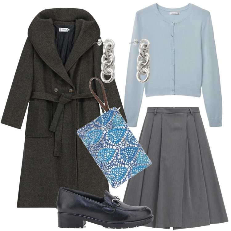 Outfit donna - La mini pochette. Stile Minimal per Tutti i giorni. Abbinamento con pantaloni, orecchini, cardigans, cappotti, pochette, scarpe stringate.