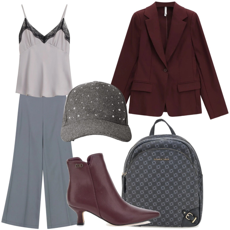 Outfit donna - Il top setoso. Stile Glamour per Tutti i giorni. Abbinamento con blazer, pantaloni a palazzo, top, cappelli con visiera, zaini, stivaletti.
