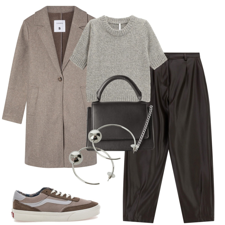 Outfit donna - Febbraio. Stile Casual chic per Tutti i giorni. Abbinamento con maglieria, pantaloni, orecchini, cappotti, borse a tracolla, sneakers.