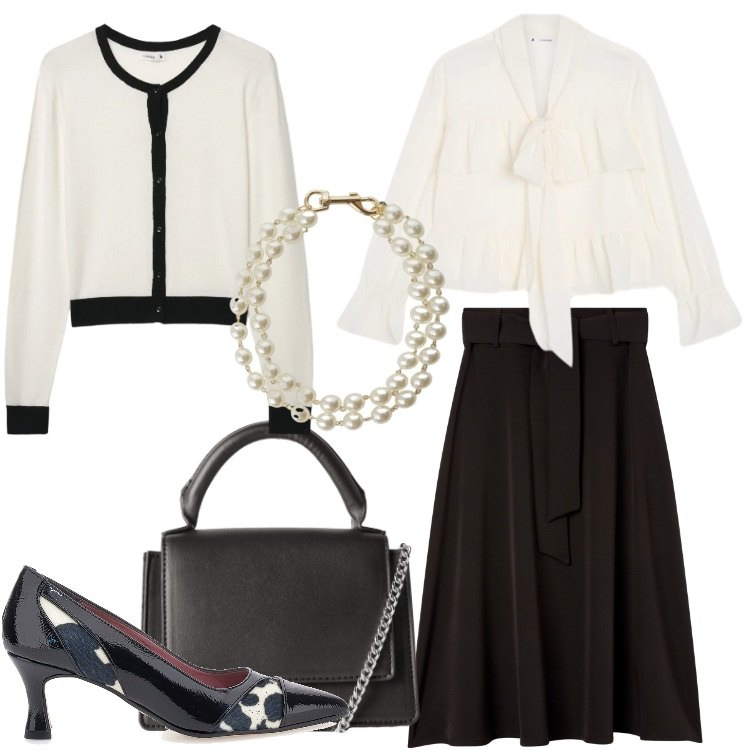 Outfit donna - San Valentino curvy mood. Stile Bon Ton per Serata fuori. Abbinamento con braccialetti, camicie, cardigans, borse a tracolla, gonne lunghe, décolleté.