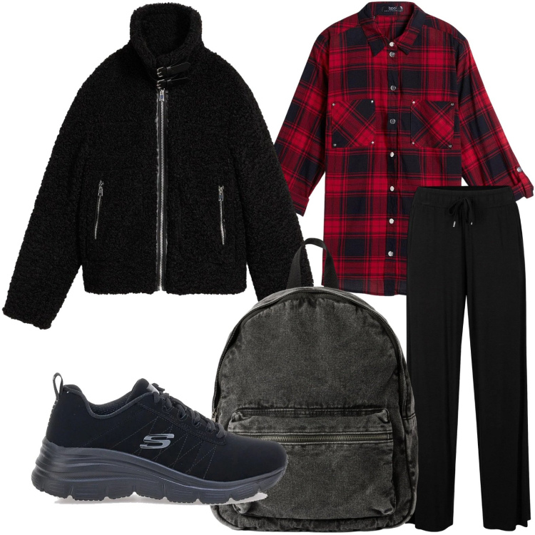 Outfit donna - Country school. Stile Basic per Scuola/Università. Abbinamento con camicie, pantaloni, ecopellicce, zaini, sneakers.