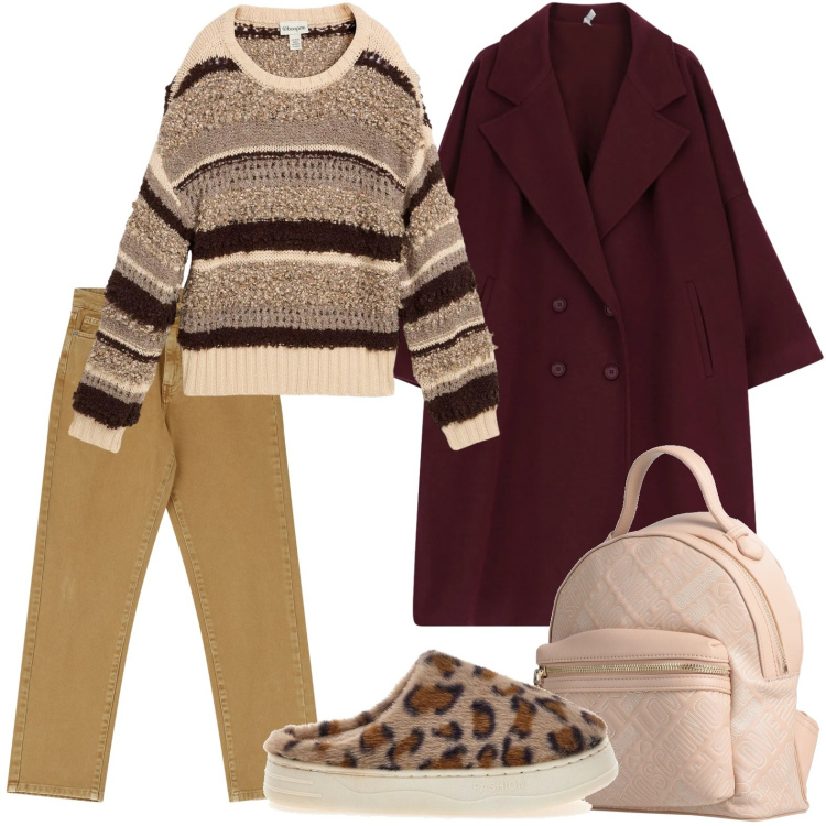 Outfit donna - Semplice. Stile Glamour per Tutti i giorni. Abbinamento con maglieria, zaini, cappotti, pantaloni, ciabatte.