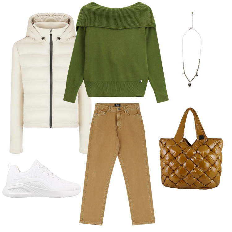Outfit donna - Autumn Hearth & Sage. Stile Casual chic per Tutti i giorni. Abbinamento con maglieria, pantaloni, ciondoli, borse tote, piumini, sneakers.