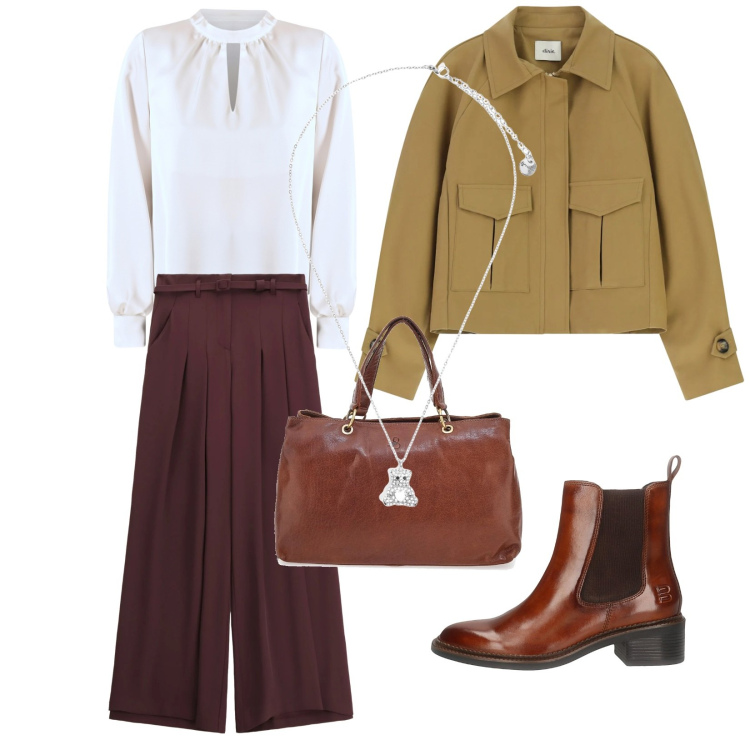 Outfit donna - In ufficio. Stile Chic per Tutti i giorni. Abbinamento con pantaloni a palazzo, bomber, bluse, ciondoli, stivaletti chelsea, borse a tracolla.