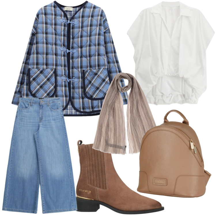 Outfit donna - La giacca a quadri. Stile Minimal per Tutti i giorni. Abbinamento con zaini, sciarpe, stivaletti chelsea, camicie a manica corta, giacche, jeans.
