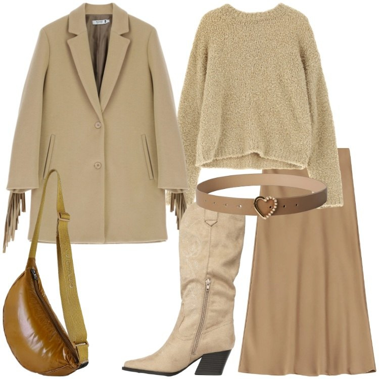 Outfit donna - Miele e caramello. Stile Urban per Tutti i giorni. Abbinamento con gonne lunghe, pullovers, cinture, stivali, cappotti, borse sportive.