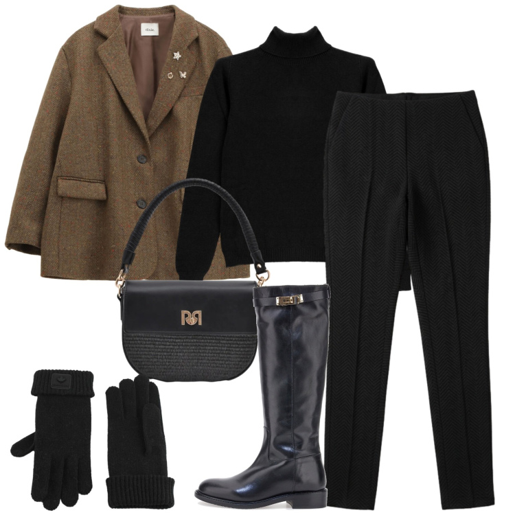 Outfit donna - City. Stile Casual chic per Tutti i giorni. Abbinamento con blazer, maglieria, pantaloni, borse a spalla, guanti, stivali.
