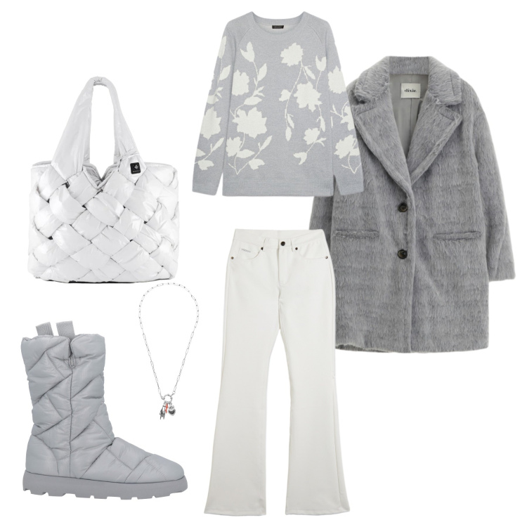 Outfit donna - Silver Winter Bloom. Stile Glamour per Tutti i giorni. Abbinamento con stivaletti, cappotti, ciondoli, pantaloni, borse tote, maglieria.