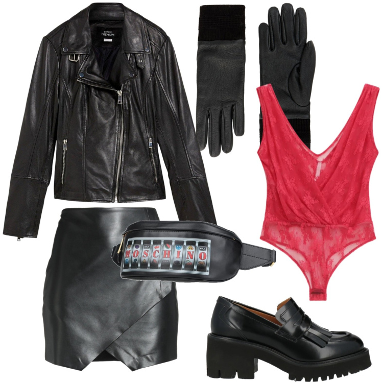 Outfit donna - Pelle e body. Stile Casual per Serata fuori. Abbinamento con blazer, guanti, marsupi, minigonne, mocassini, body.