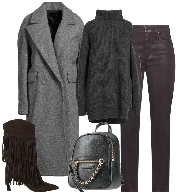 Outfit donna - City. Stile Trendy per Tutti i giorni. Abbinamento con cappotti, jeans, zaini, maglieria, stivali.