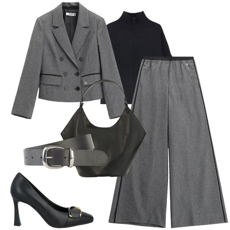 Outfit donna - City. Stile Trendy per Tutti i giorni. Abbinamento con cinture, décolleté, borse a spalla, pantaloni, blazer, maglieria.