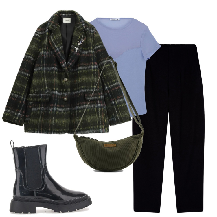 Outfit donna - City. Stile Casual chic per Tutti i giorni. Abbinamento con blazer, t-shirt, pantaloni chino, anfibi, borse a tracolla.