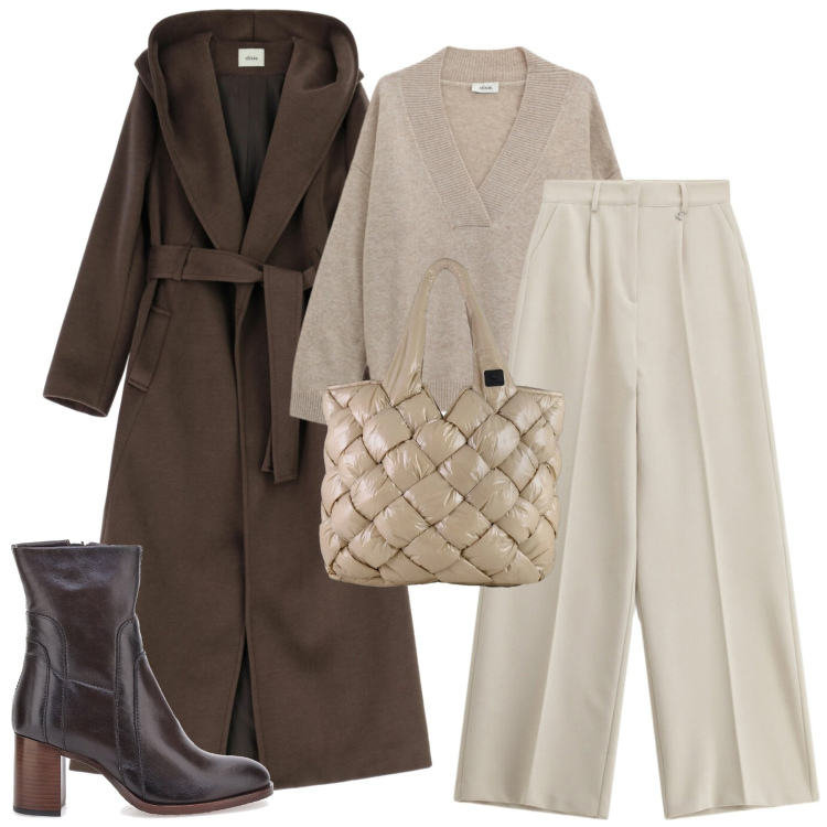 Outfit donna - City. Stile Urban per Tutti i giorni. Abbinamento con pantaloni, cappotti, maglieria, borse tote, stivaletti.