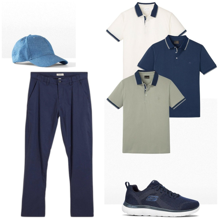 Outfit homme - Casual #1752. Style Casual pour Tous les jours. Assortir avec pantalon , chapeaux avec visière, polos, sneakers.