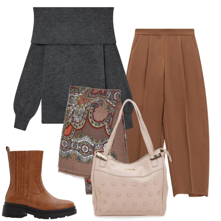 Outfit donna - Tessuti comfy curvy style. Stile Urban per Tutti i giorni. Abbinamento con stivaletti chelsea, pantaloni, maglieria, shopping bag, foulard.