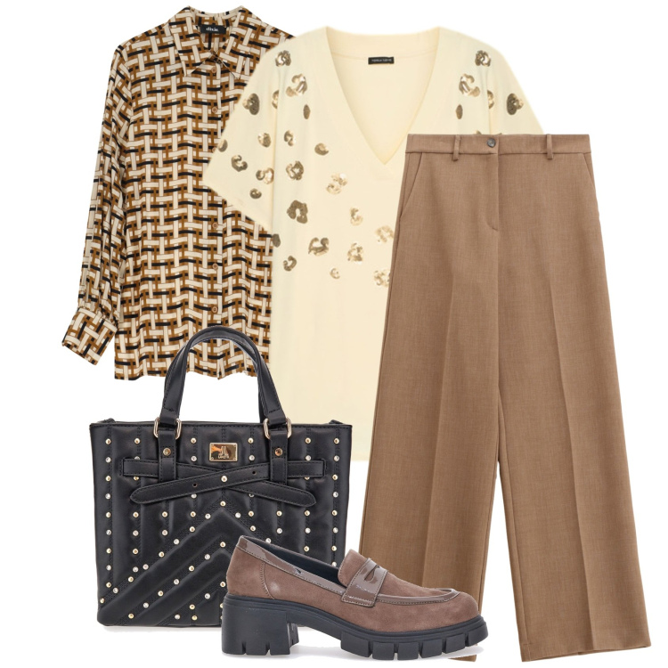 Outfit donna - Dettagli gold sulla maglia. Stile Urban per Tutti i giorni. Abbinamento con camicie, pantaloni, borse a mano, mocassini, t-shirt.