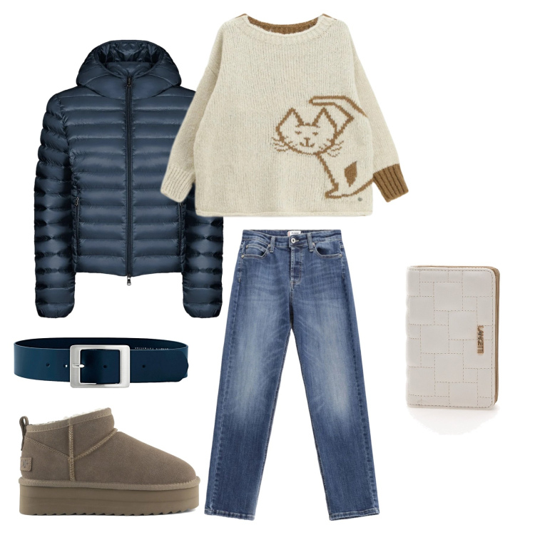 Outfit donna - Cozy Cat & Navy Sky. Stile Urban per Tutti i giorni. Abbinamento con cinture, maglieria, jeans, bomber, stivaletti, portafogli.