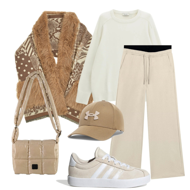 Outfit donna - Tonalità neutre. Stile Urban per Tutti i giorni. Abbinamento con pullovers, pantaloni, borse a spalla, cappelli, cappe, sneakers.