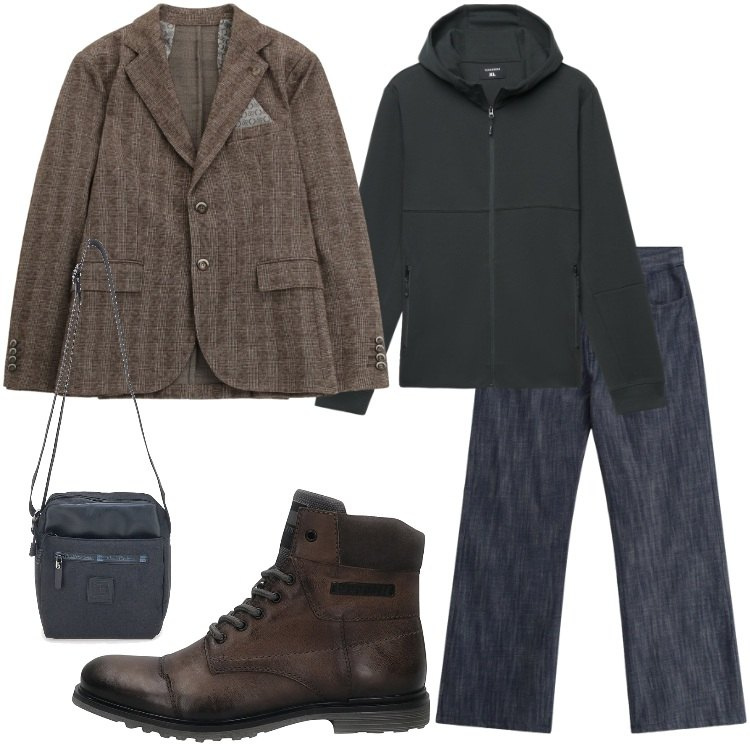 Outfit uomo - Weekend di febbraio. Stile Trendy per Tutti i giorni. Abbinamento con giacche, jeans, felpe con cappuccio, portafogli, anfibi.