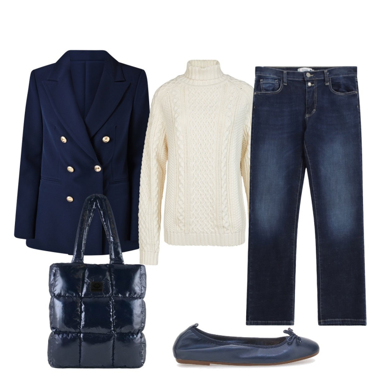 Outfit donna - Stile British eleganza sobria. Stile Trendy per Tutti i giorni. Abbinamento con blazer, jeans dritti, shopping bag, maglieria, ballerine.