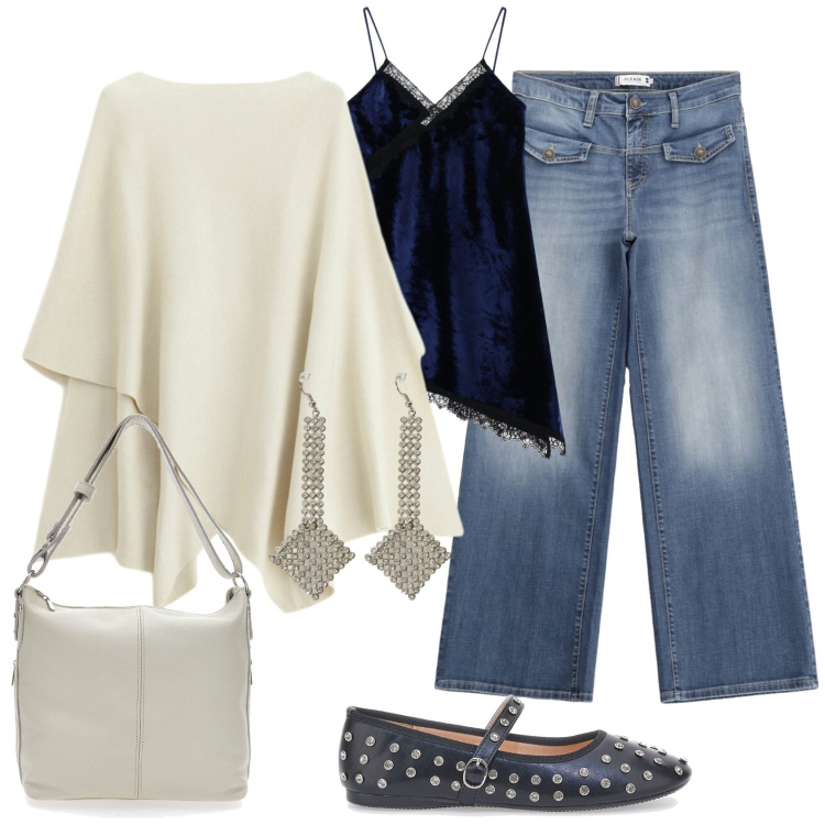 Outfit donna - La mantella avvolgente. Stile Casual chic per Tutti i giorni. Abbinamento con vestiti asimmetrici, orecchini, maglieria, jeans, ballerine, borse a spalla.