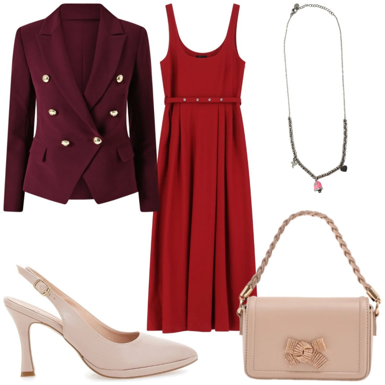 Outfit donna - Rossocuore a febbraio: il vestito. Stile Glamour per Serata fuori. Abbinamento con vestiti lunghi, blazer, pochette, ciondoli, décolleté.