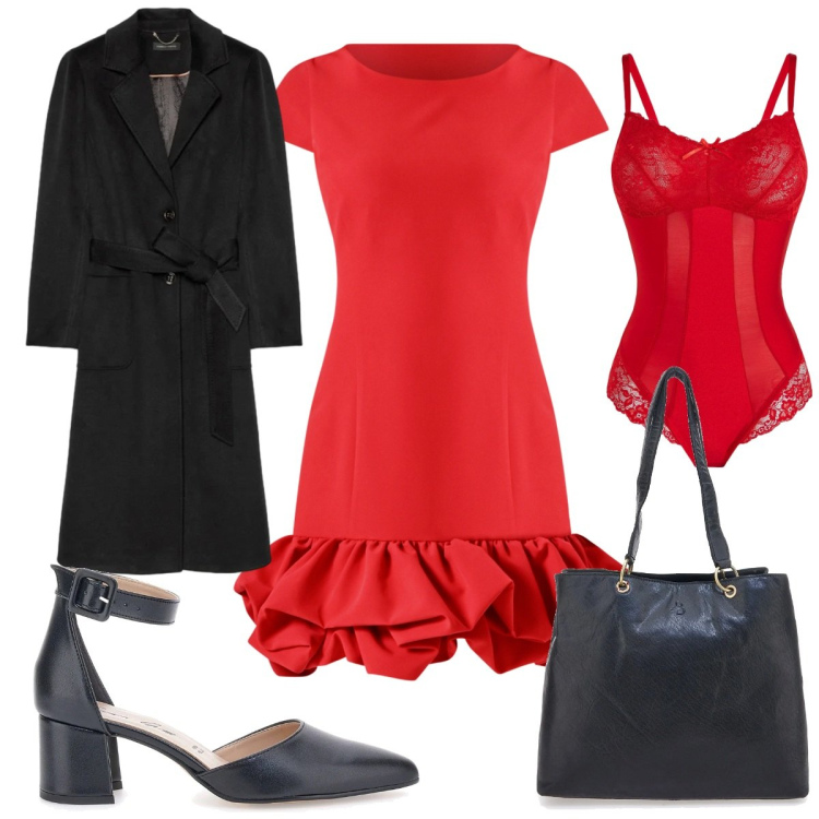 Outfit donna - Rossocuore a febbraio: la lingerie!. Stile Glamour per Serata fuori. Abbinamento con body, vestiti, décolleté, cappotti, shopping bag.