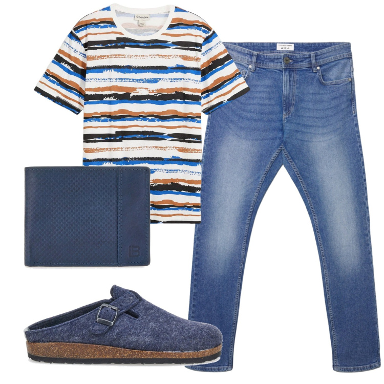 Outfit uomo - Total look #2335695. Stile Casual per Tutti i giorni. Abbinamento con t-shirt, jeans skinny, portafogli, pantofole.