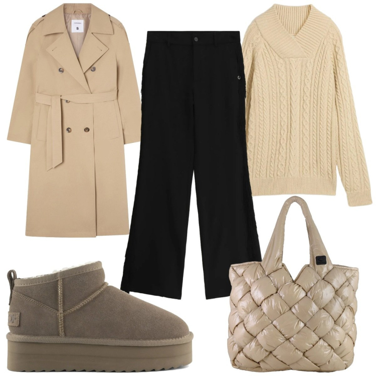 Outfit donna - Total look #2335698. Stile Trendy per Tutti i giorni. Abbinamento con maglieria, trench, pantaloni a palazzo, borse tote, stivaletti.