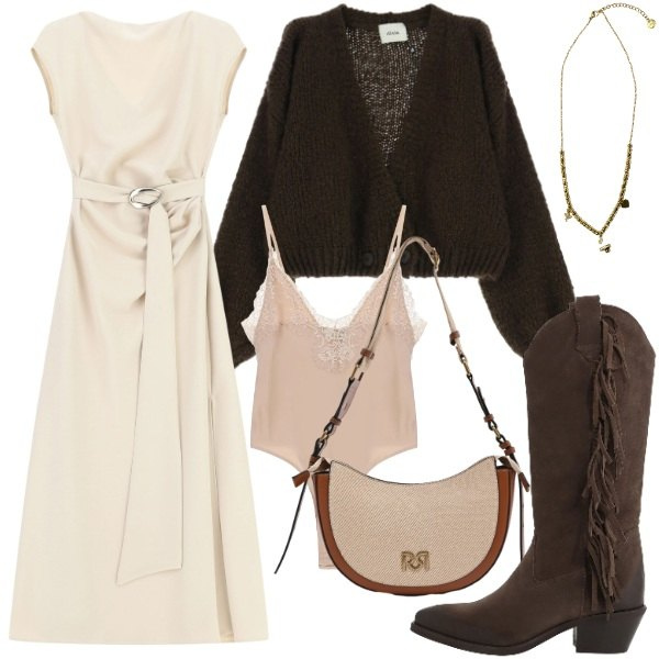 Outfit donna - Soft Elegance. Stile Trendy per Tutti i giorni. Abbinamento con vestiti lunghi, cardigans, body, stivali, borse a tracolla, ciondoli.