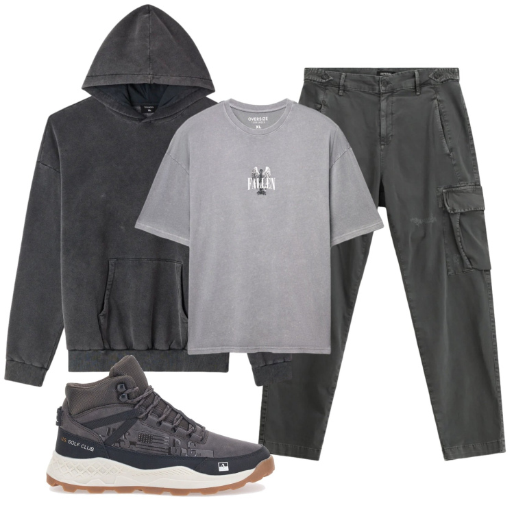 Outfit uomo - Total look #2335708. Stile Casual per Tutti i giorni. Abbinamento con t-shirt, felpe con cappuccio, pantaloni cargo, sneakers.