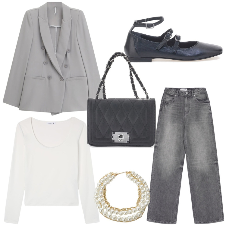 Outfit donna - Stilosa in jeans. Stile Trendy per Tutti i giorni. Abbinamento con blazer, collane, jeans, t-shirt, borse a tracolla, ballerine.