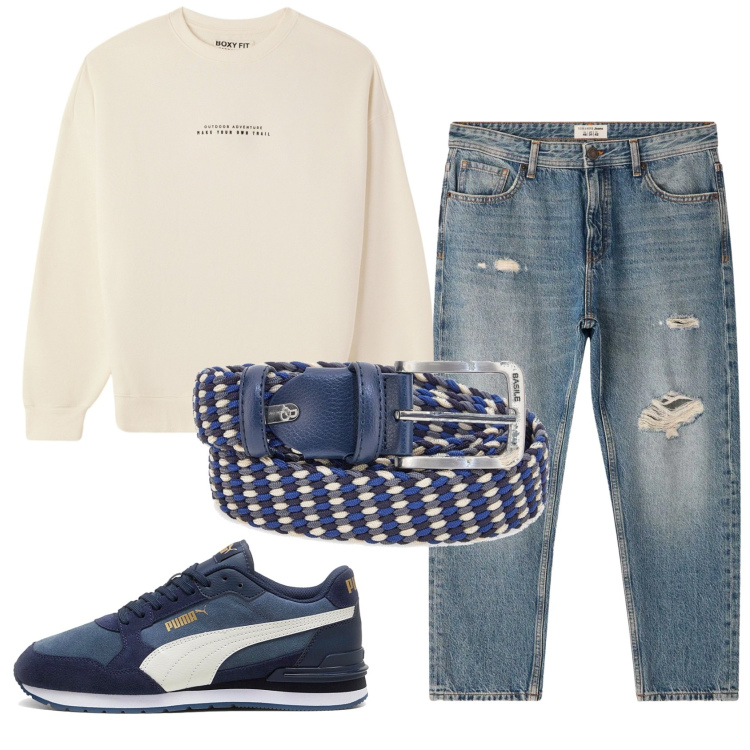 Outfit uomo - Total look #2335712. Stile Casual per Tutti i giorni. Abbinamento con felpe, jeans strappati, cinture, sneakers.