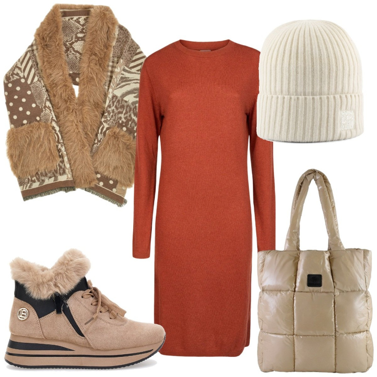 Outfit donna - Total look #2335714. Stile Etnico per Tutti i giorni. Abbinamento con shopping bag, vestiti midi/longuette, berretti, stivali da neve, cappe.