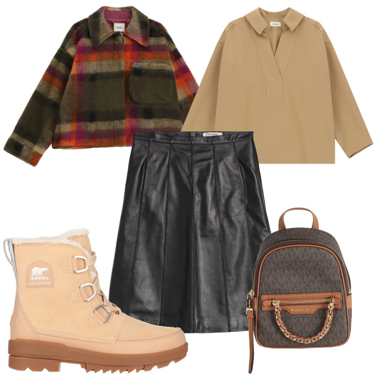 Outfit donna - Total look #2335716. Stile Casual per Tutti i giorni. Abbinamento con gonne, zaini, stivaletti, camicie, cappotti.