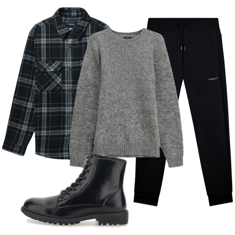 Outfit uomo - Total look #2335718. Stile Casual per Tutti i giorni. Abbinamento con maglieria, cappotti, pantaloni, anfibi.