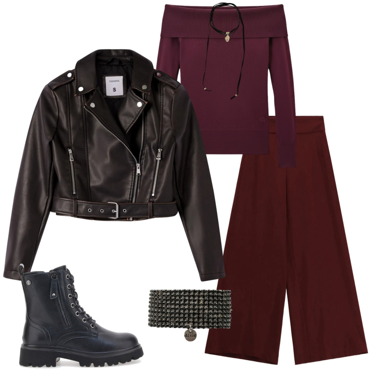 Outfit donna - Giubbino ecopelle. Stile Rock per Serata fuori. Abbinamento con collane, braccialetti, giacche, maglieria, pantaloni a palazzo, anfibi.