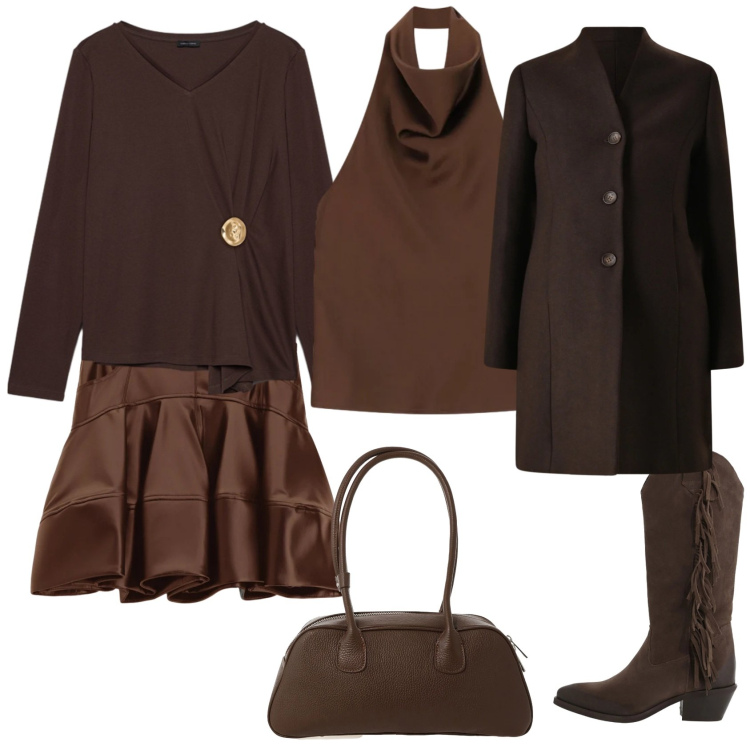 Outfit donna - Total look #2335722. Stile Chic per Ufficio. Abbinamento con minigonne, top, stivali, borse a mano, cappotti, t-shirt.