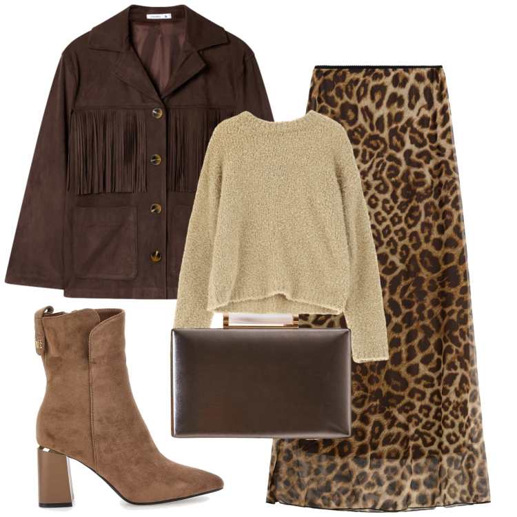 Outfit donna - La gonna animalier. Stile Urban per Tutti i giorni. Abbinamento con pullovers, gonne lunghe, cappotti, clutch, stivaletti.