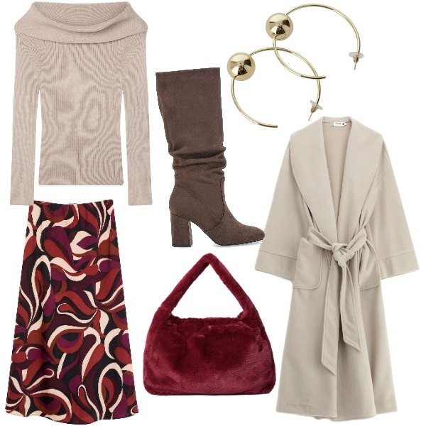Outfit donna - Total look #2335727. Stile Chic per Serata fuori. Abbinamento con gonne longuette, orecchini, maglieria, cappotti, stivali sopra il ginocchio, borse a spalla.