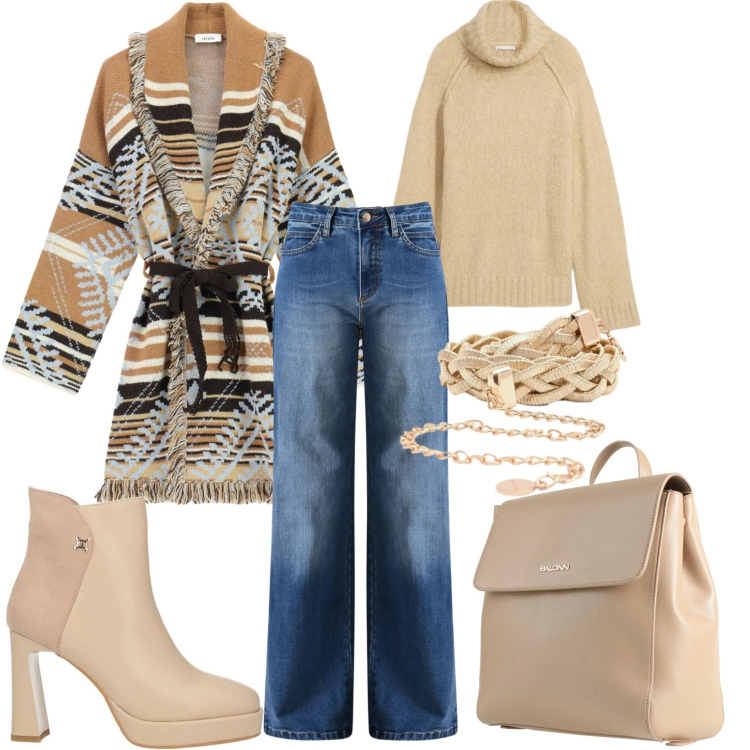 Outfit donna - Free time. Stile Casual per Tutti i giorni. Abbinamento con maglieria, stivaletti, zaini, cardigans, jeans, cinture.