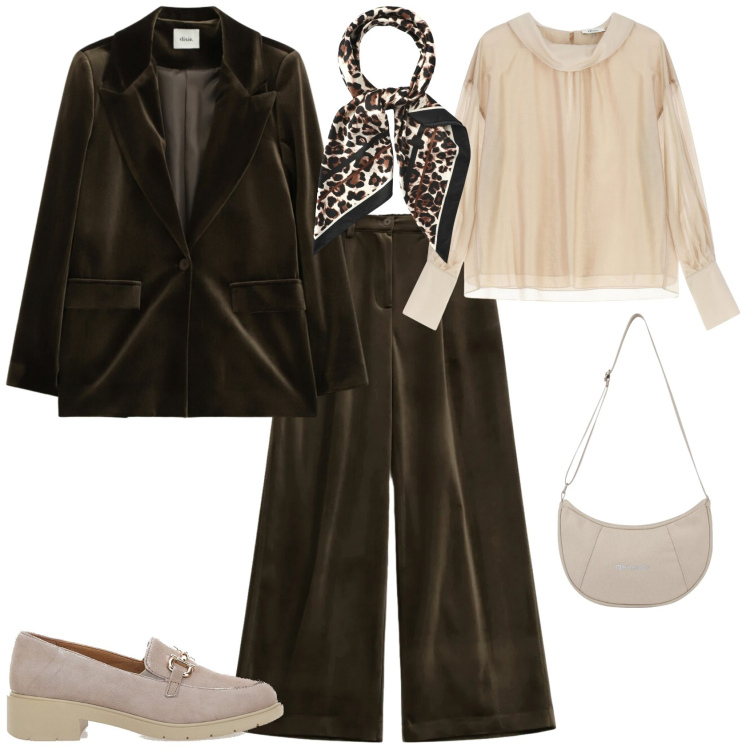 Outfit donna - Trendy per ufficio. Stile Trendy per Ufficio. Abbinamento con camicie, blazer, pantaloni a palazzo, foulard, borse a spalla, mocassini.