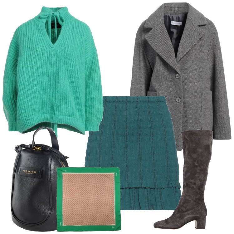 Outfit donna - Un foulard con la gonna. Stile Bon Ton per Tutti i giorni. Abbinamento con maglieria, zaini, cappotti, minigonne, stivali, sciarpe.