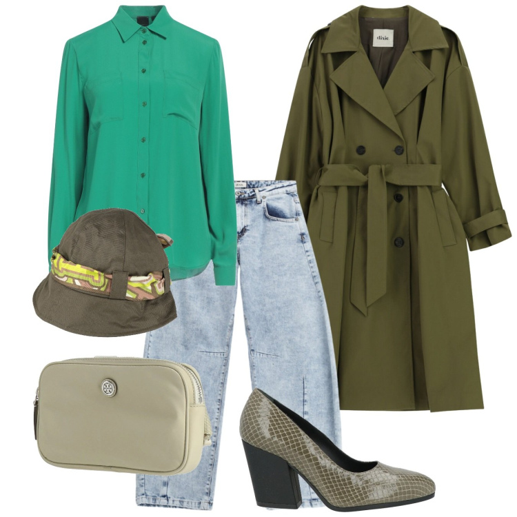 Outfit donna - Tacco quadrato. Stile Casual chic per Tutti i giorni. Abbinamento con marsupi, décolleté, camicie, cappelli, trench, jeans.