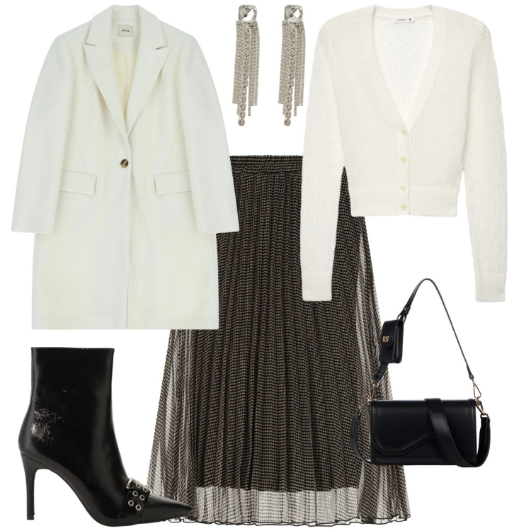 Outfit donna - Chic serata evento speciale. Stile Chic per Serata fuori. Abbinamento con stivaletti, gonne lunghe, cappotti, orecchini, cardigans, pochette.