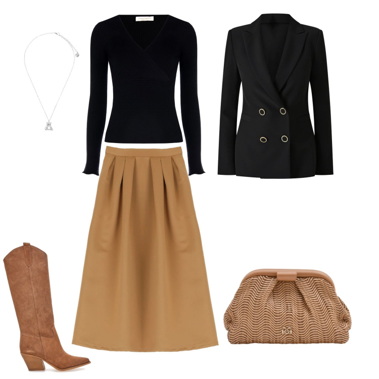 Outfit donna - Midnight Camel Elegance. Stile Urban per Tutti i giorni. Abbinamento con gonne lunghe, pullovers, blazer, pochette, ciondoli, stivali.