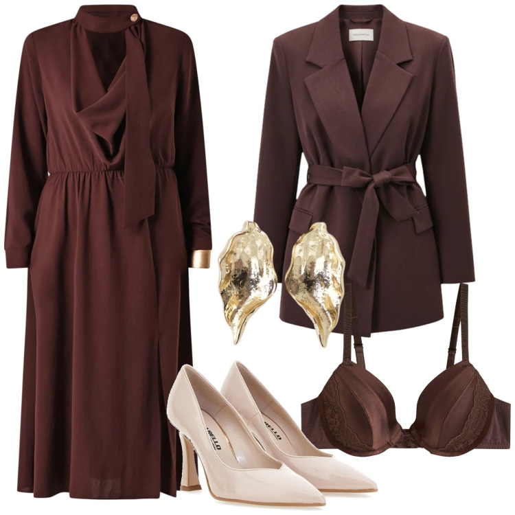 Outfit donna - Cioccolato e amore. Stile Chic per Serata fuori. Abbinamento con reggiseni, orecchini, vestiti midi/longuette, blazer, décolleté.